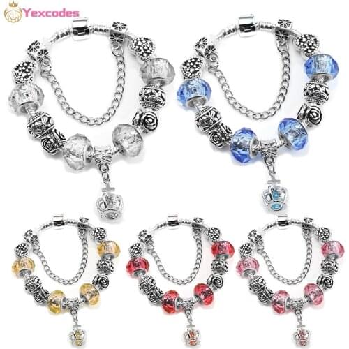 Vintage Silver Color Fashion Crystal Glass Crown Pendant Bracelet Suitable For Snake Chain DIY Fine Bracelet Female Jewelry Gift