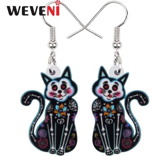 WEVENI Halloween Acrylic Sweet Flowers Skull Skeleton Cat Earrings Fashion Drop Dangle Charms Gifts Jewelry For Women Girl Teens