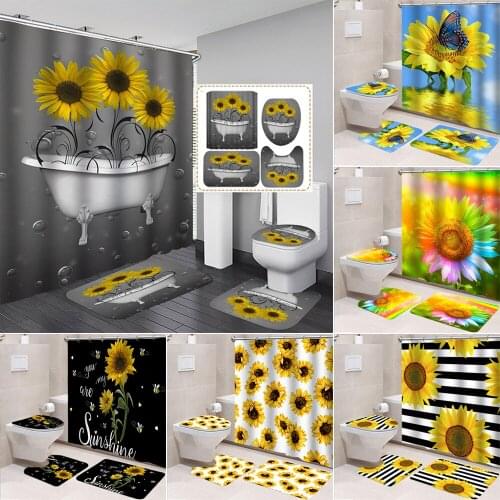 Butterfly Sunflower Shower Curtain for Bathroom Decor Spring Scenery Bath Curtains with Hooks Toilet Cover Mat Non-Slip Rugs