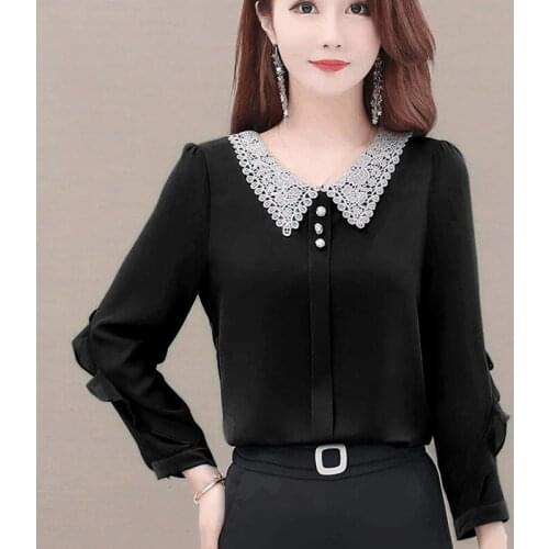 Womens Spring Autumn Style Shirt Womens Peter Pan Collar Long Sleeve Button Solid Color Elegant Vintage Tops DD9068