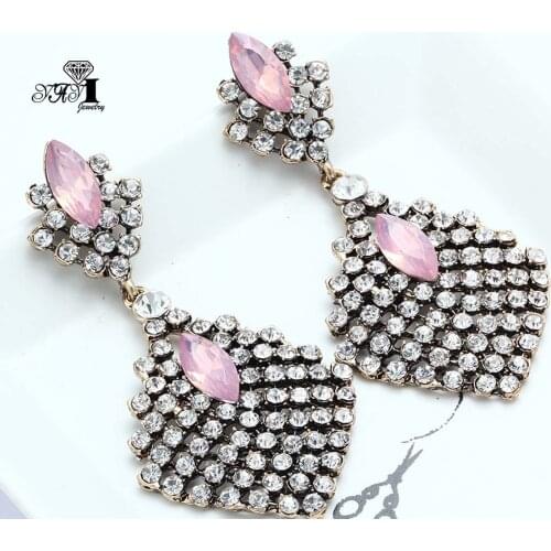 YaYi Jewelry Fashion BOHO Pink Glass Crystal Rhinestone Dangle Women Ancient Gold Color Wear Ear Band Long Tassel Earrings