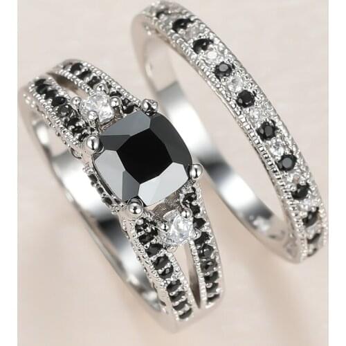 Punk Female Black White Crystal Ring Set Charm Silver Color Wedding Rings For Women Dainty Round Zircon Stone Engagement Ring