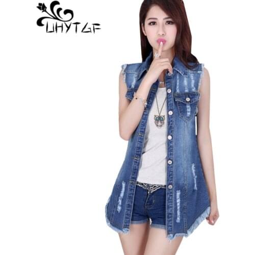 UHYTGF Spring autumn denim vests for women sleeveless slim Casual female vest Hole tassel elegant Plus size jeans waistcoat 233