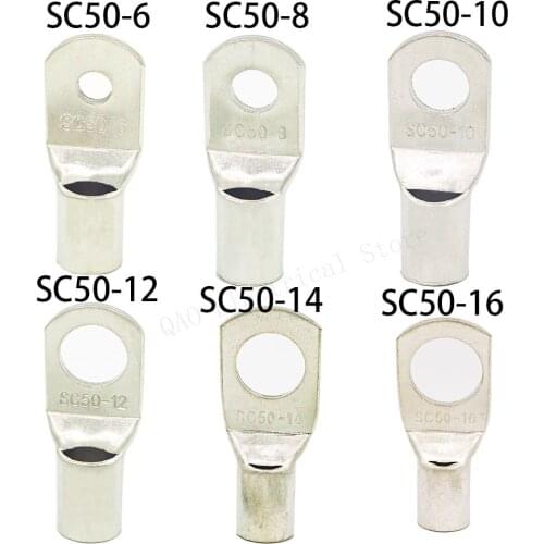 10 PCS SC 50-6 50-8 50-10 50-12 50-14 Copper Cable Lug Kit Bolt Hole Tinned Cable lugs Battery Terminals copper nose connector