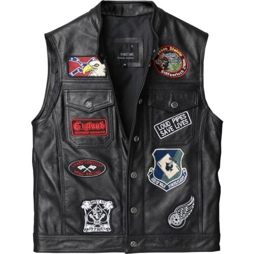 2021 Mens Youth Motorcycle Leather Vest Top Layer Cowhide Leather Multi-Logo Leather Vest Short Slim Fit