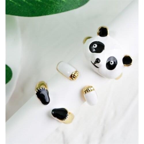 3 Pcs/Set Cute Animal Black White Enamel Panda Rings For Women High Quality Gold Color Metal Copper Adjustable Ring Jewelry Gift