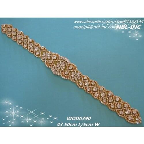 30pcs)Wholesale sew iron on bridal sash beaded clear crystal rhinestone gold applique for wedding dresses sash belt WDD0390