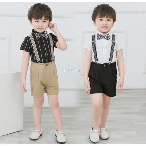 Children Little Host Catwalk Show Dress Costume Boy Short-sleeved Striped Shirt Bib Shorts Clothing Sets Kids Party Clothing Set
