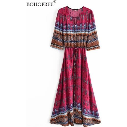 Summer New Rayon Cotton Short Sleeve Red Print Long Maxi Hippie Vestidos Casual Button Down Elastic Waist Long Dresses