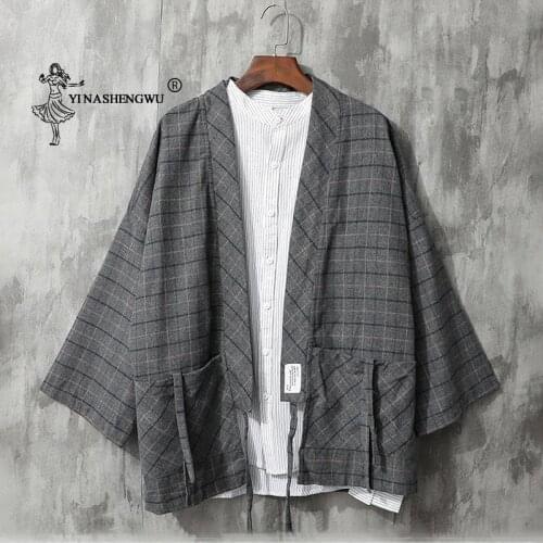 Japanese Kimono Retro Lattice Yukata Coat Men T-shirts Japan Long Sleeve Haori Cardigan Top Shirt Asian Traditional Robe Costume
