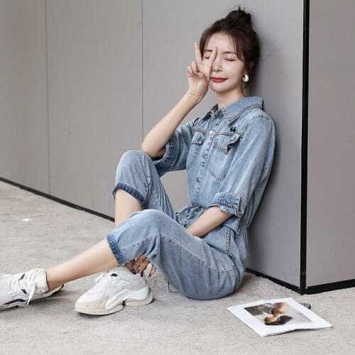 Summer Ladies Elegant Denim Jumpsuits Casual Office Jumpsuit High Street Cargo Pants Female Turn-down Collar Overalls S-XL