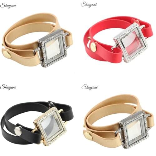 5pcs/lot Fashion Wrap Genuine Leather Bracelet With Rhinestone Glass Living Memory Charm Locket Bracelet Women Men