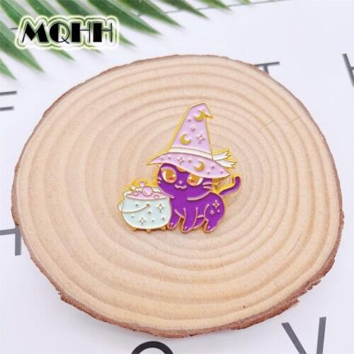 Cartoon Creative Animal Cat Enamel Pins Halloween Magic Hat Kitten Alloy Brooch Badge Accessories Woman Jewelry Gift For Friends