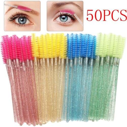 High Quality Disposable 50 Pcs/Pack Crystal Eyelash Makeup Brush Diamond Handle Mascara Wands Eyelash Extension Tool