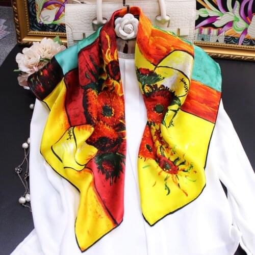 Van Gogh Silk Scarf Sunflower Print ladies designer shawl luxury Head Foulard Soie Square Women Scarves Ladies Accessories 90X90