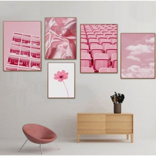 Pink House Chairs Cloud Feather Wall Art Canvas Painting Nordic Posters And Prints Wall Pictures For Living Room Pop Art Decor