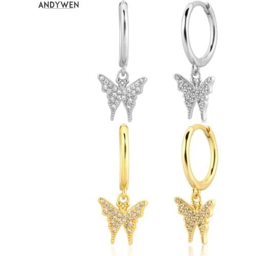 ANDYWEN 925 Sterling Silver Gold Butterfly Drop Earring Clear CZ Zircon Spring Collection Women Fine Jewelry 2021 Party Luxury