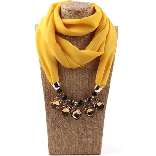 Fashion Alloy Jewelry Necklace Scarf For Ladies Solid Color chiffon Big Rhinestone Pendant Bid Womens Summer Scarf