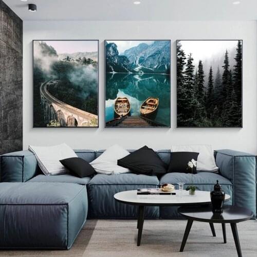 Misty Forest Lake Boat Geometric Abstract Nature Landscape Canvas Painting Nordic Poster Print Wall Picture Living Room Decor