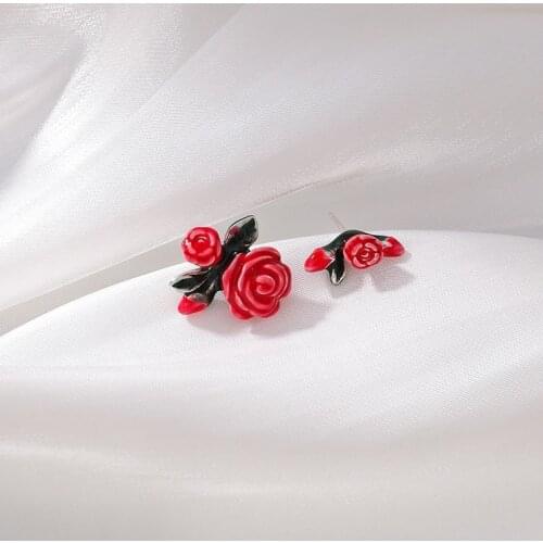 U-Magical Korean Fashion Valentine Day Gift Roses Dangle Earrings for Women Asymmetry Red Enamel Flower Earrings Jewellery