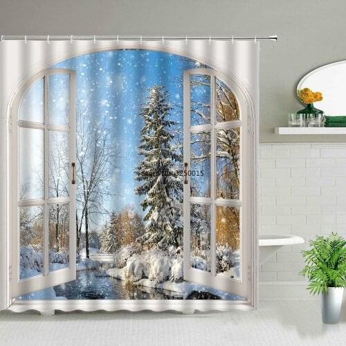 Spring Scenery Winter Landscape Bath Curtains 3d Printing Window Forest Waterfall Shower Curtain Waterproof Cloth Bathroom Decor