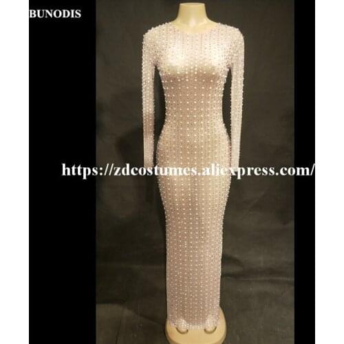 ZD414 Women Sexy Net Yarn Long Skirt Full Pearls Silver Bling Sparkling Crystals Nightclub Party Stage Wear Singer Costumes