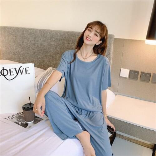 Large Size Slightly Women 's Solid Color Loose Outer Wear Leisure Tops Suit Female Summer Simple Two - Piece Pajamas Women