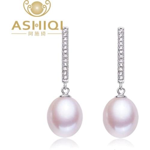 ASHIQI Authentic 925 sterling silver Natural Freshwater Pearl Drop Earrings Fine jewelry for Women AAA ZC Drop shipping