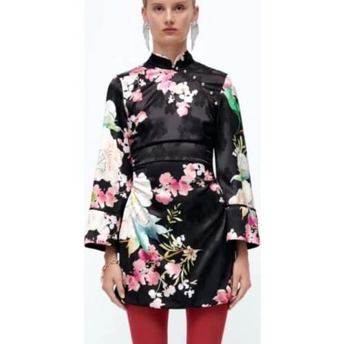 ZA 2021 Floral Print High Collar Dress Women Long Sleeve Jewelry Buttoned Ruched Mini Dresses Woman Slim Black Party Dress
