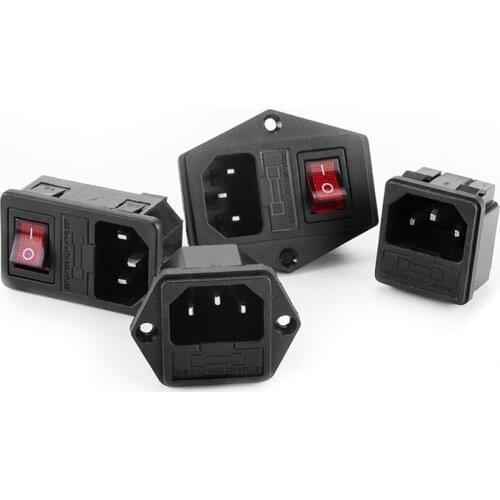 1PC 10A 250VAC 4 Pin IEC320 C14 inlet connector plug AC power socket with red lamp rocker switch 10A fuse holder CZYC