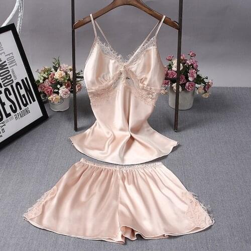 2021 Summer New Silk Like Sexy Sling Pajamas Womens Lace V-neck Nightwear Home Wear Sleeveless Solid Sexy Sleepwear