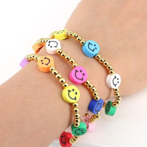 5PCS, Boho Handmade Jewelry Smiley Face Charm Bracelets Polymer Clay Colorful Beaded Pearl Bracelet For Women Friends Gift 2021