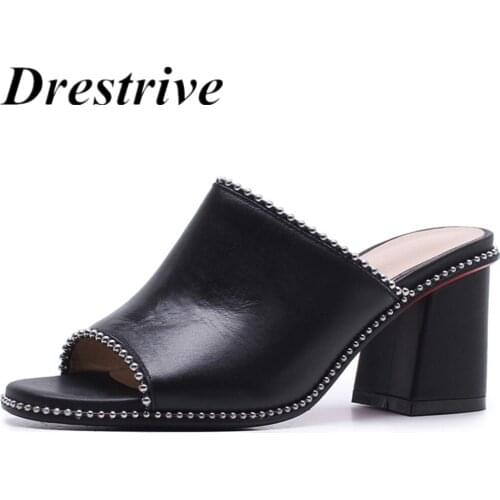 Drestrive Womens Shoes 2020 Summer Beaded Thick Heels 7 cm Girls Slippers Genuine Leather Outside Sandals Black Cow Leather