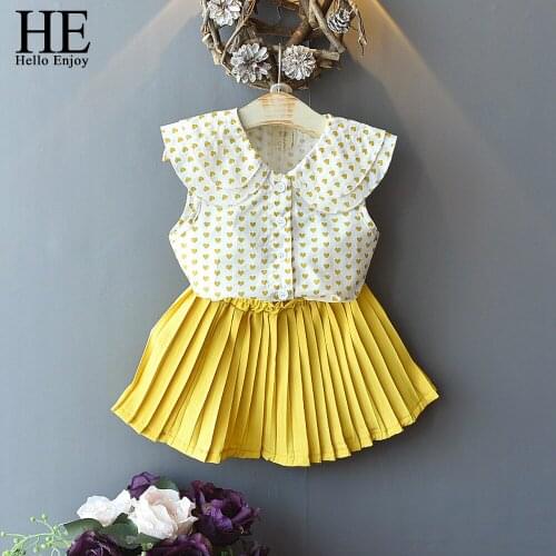HE Hello Enjoy Girls Sets Summer New Solid Color Pleated Skirt With Lapel Shirt 2PCS Kids Suit College Fashion Children Clothes