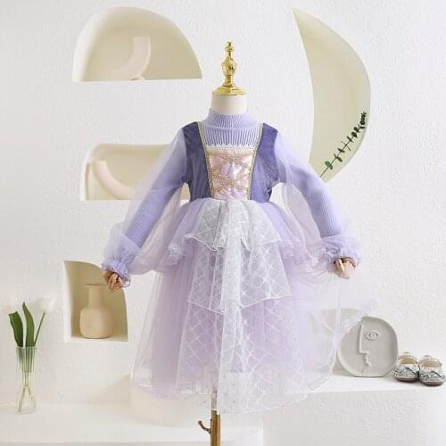 Girl lace knitted long sleeve princess dresses wholesale children dress kids clothes