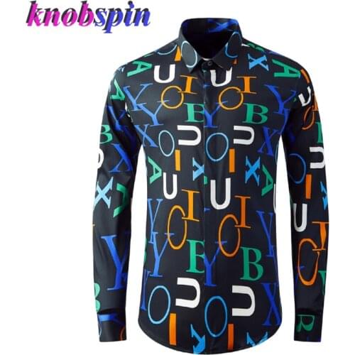 Trendy Brand Full Print Color Letters Slim 80% Cotton Men shirt long sleeve collar Casual chemise homme Brand Male Dress Shirts