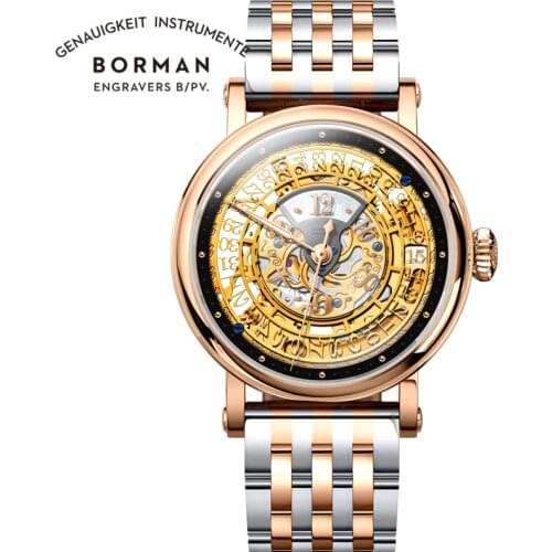 BORMAN Classic Skeleton Dial Automatic Mechanical Men Watch Stainless Steel Band Sapphire Glass Waterproof 50M Men Watches
