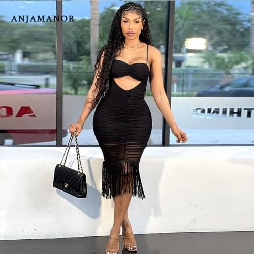 ANJAMANOR Sexy Black Party Dresses for Women Ruched Hollow Out Tassel Bodycon Midi Dress Night Out Club Outfits D42-DE30