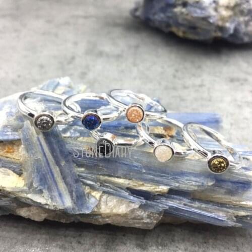 RM4770 10Pcs Blue, Titanium Peach, Aqua Aura, Titanium Gold, Titanium Black Druzy Crystal Silver Plated Circle Ring Adjustable