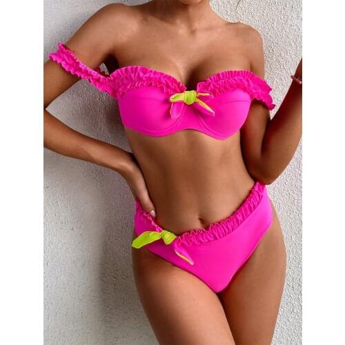Sexy High Waist Bikini 2021 Women Solid Neon Hot Pink Ruffled Swimsuit Female Push Up Padded Bathing Suit Swimwear Biquini