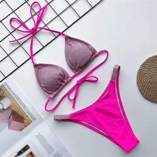 Sexy Bikinis 2021 Push Up Swimsuit Solid Shiny Swimwear Women Bandage Bathing Suit Brazilian Beach Wear Biquini Set Female