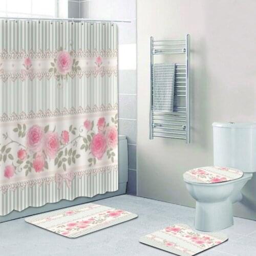3D Chic Striped Pink Roses with Polka Dot Shower Curtains Bath Curtain Set for Bathroom Toilet Accessories Floral Laces Mat Rugs