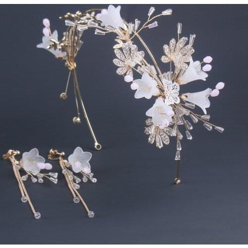 Bridal Wedding Ornament Jewelry Set Alloy Flower Pearl Crystal Hairband Exquisite Head Hoop Headwear With Tassel Earrings Unique
