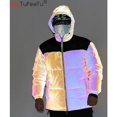 2021 Winter New Rainbow Reflective Jacket Men Patchwork Yellow Thick Hooded Coat Plus Size Loose Rap Snow Parka Drop Shipping