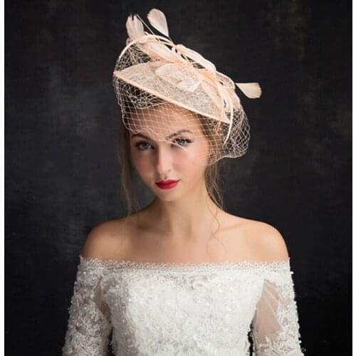 New Feather Flat Brim Women Hat Linen Headdress Formal Top Hats Elegant Nobility Hats Headwear