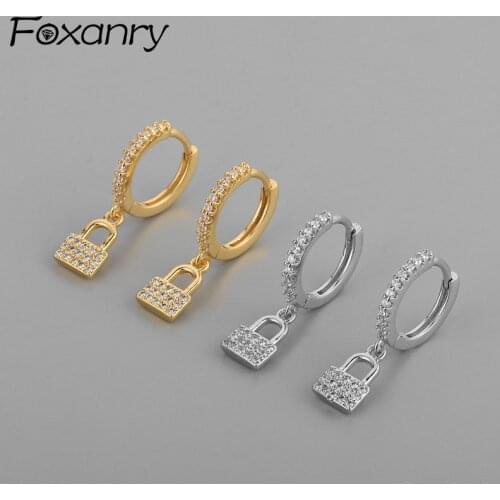 Foxanry Prevent Allergy 925 Sterling Silver Hoop Earrings for Women Summer New Trendy Elegant Zircon Lock Pendant Bride Jewelry