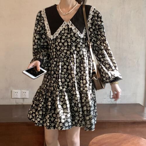 HOUZHOU Floral Dress Women Lace Patchwork Long Sleeve Short Dresses Sweet Peter Pan Collar Ruffles Loose Elegant Spring Autumn