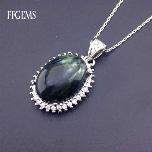 FFGems Natural Charoite big Oval Green gemstone special Silver Pendant Necklace white Gold Women Fine Jewelry Party Wedding Gift