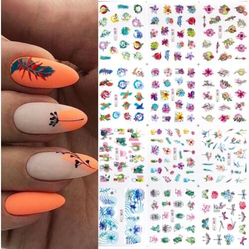 12 Designs colorful leaf Nail Stickers Set insect dragonfly Image Butterfly Fruit Floral Decals Sliders Manicures Decoration