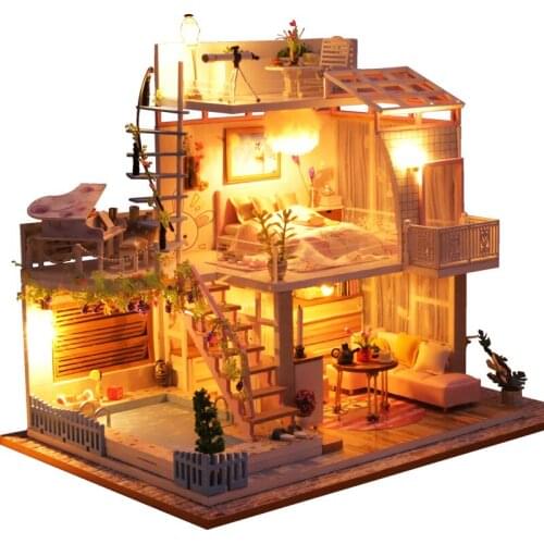 3D Doll House Villa Miniature Mould Miniature DIY Puzzle Assemble Dollhouse Furniture Kits Double Layer Cockloft House Wooden